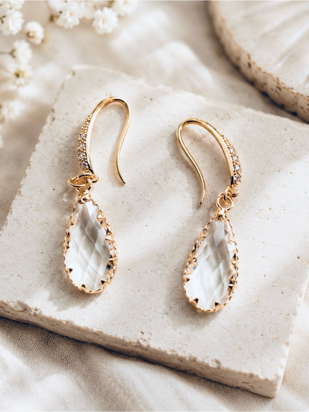 Gold Teardrop Crystal Dangle Earrings - Clear & Gold